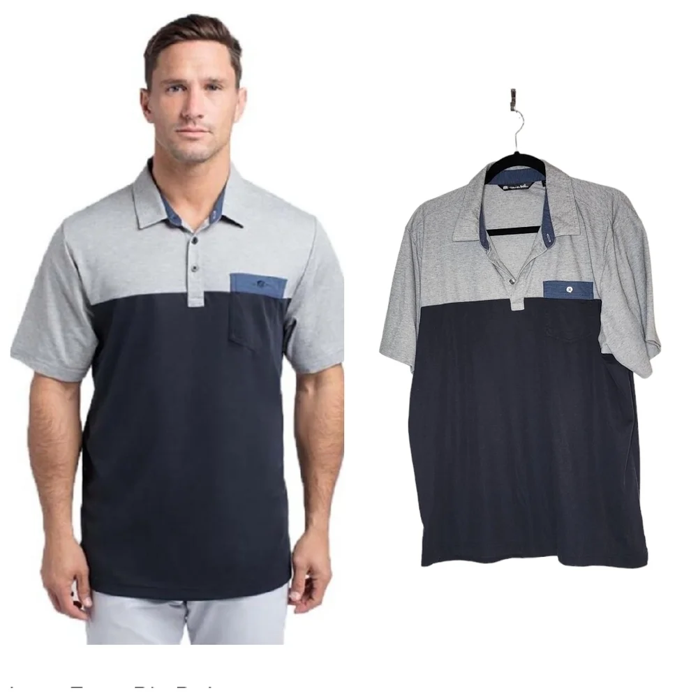 Travis Mathew Four B's Polo.‎ Grey navy blue. Men's size Large.